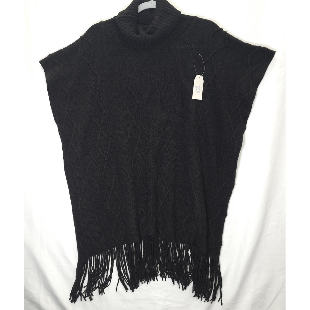 Time and Tru Poncho Diamond Cable Knit Fringe Hem Black Women OS Dark Academia